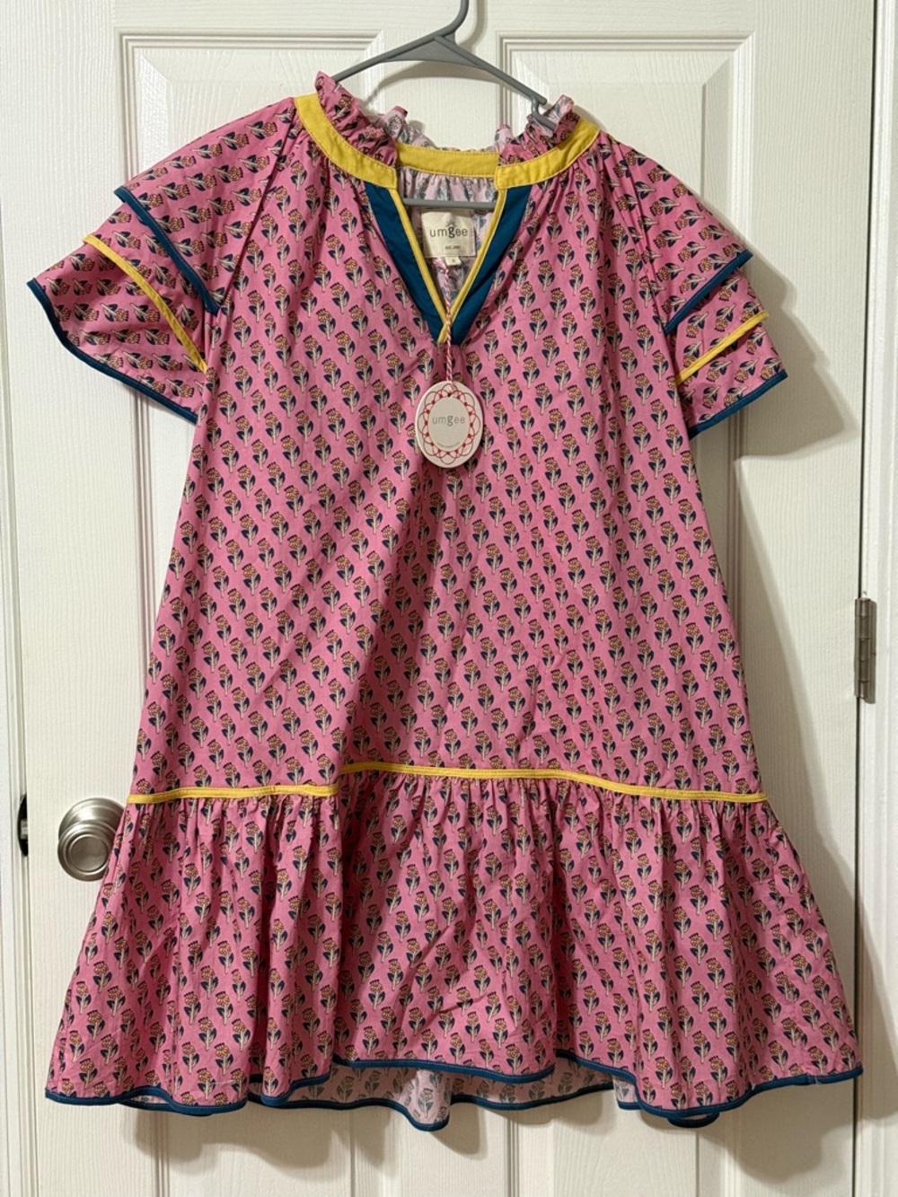 Umgee Pink Floral Print Short Sleeve Dress with Yellow & Navy Trim